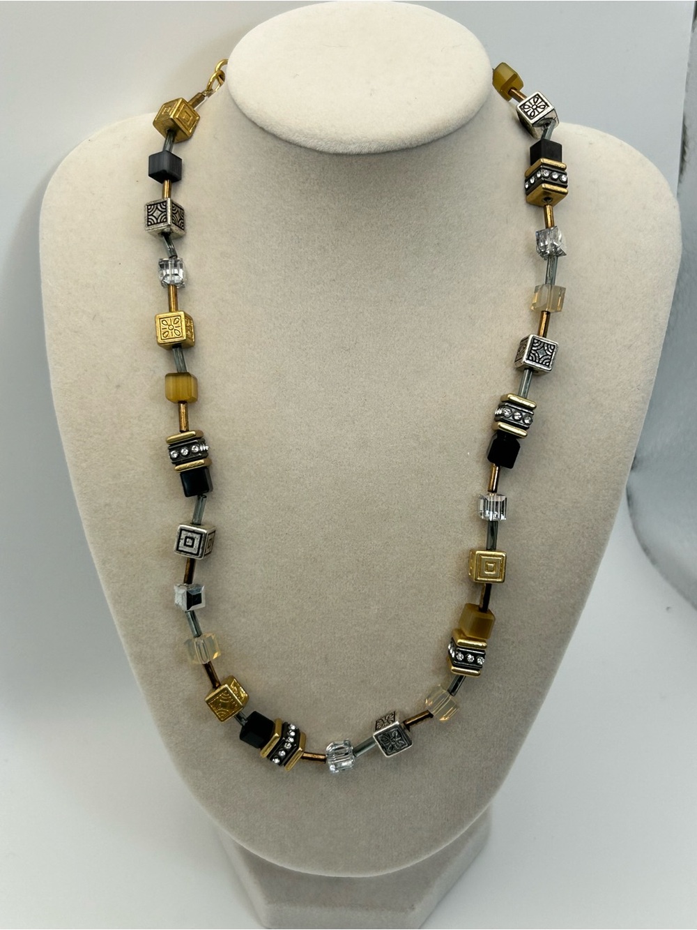 Brighton Silent Code Beaded Necklace 17" Gold Silver Plated Black Cube Beads